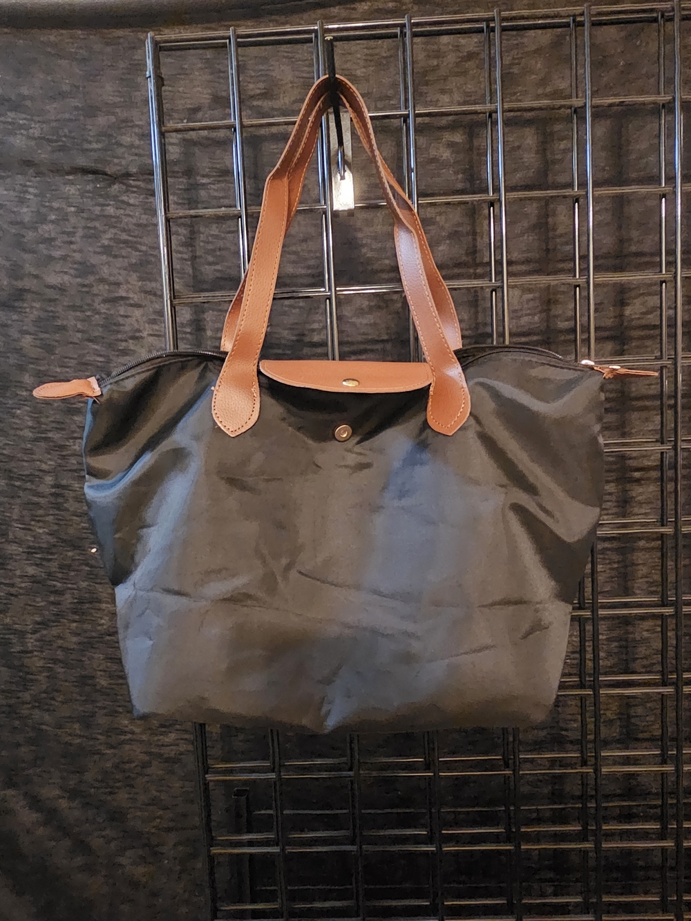 Black Nylon Tote with Brown Leather Handles